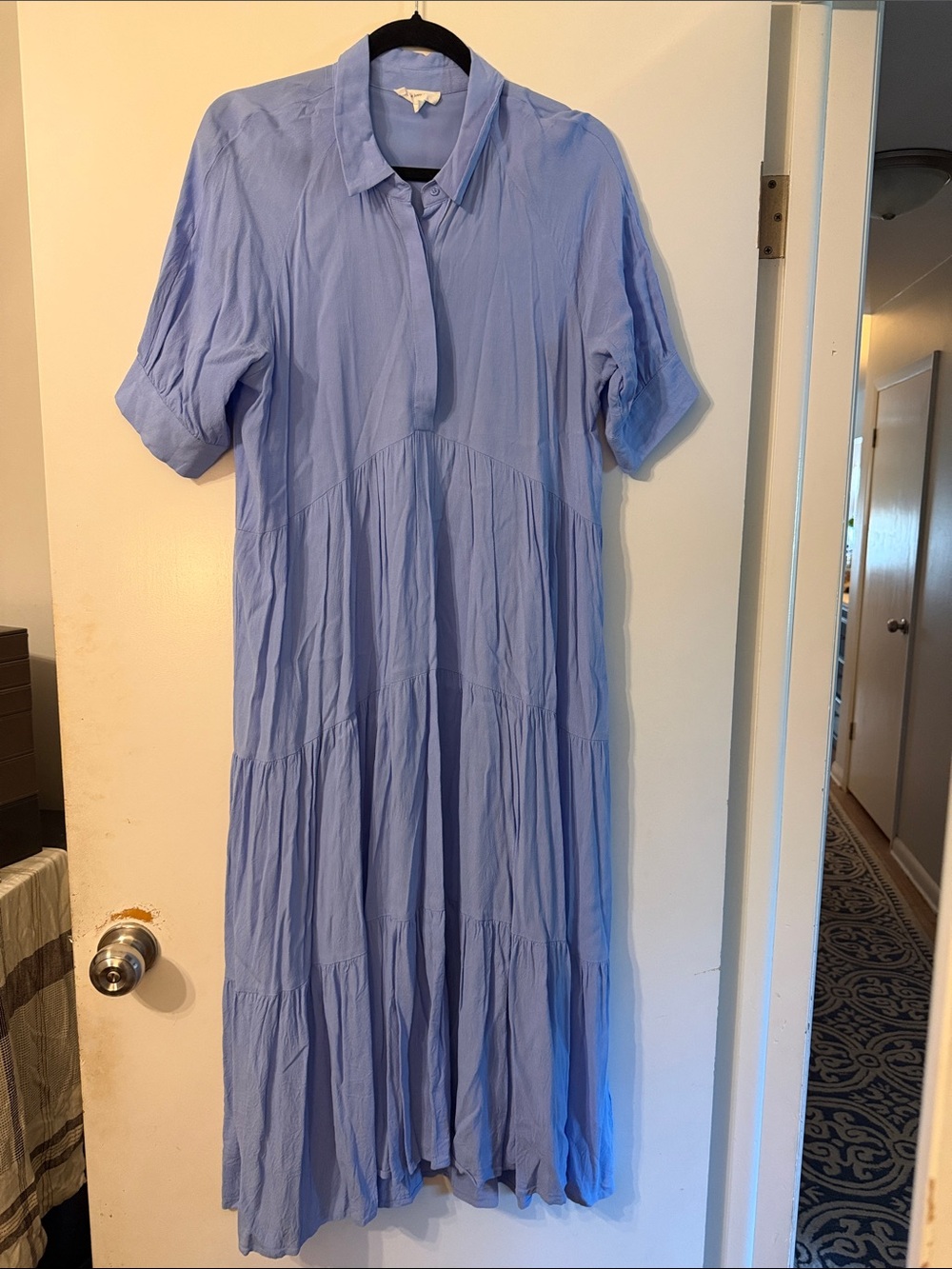 Light Blue Tiered Maxi Shirt Dress with Short Sleeves